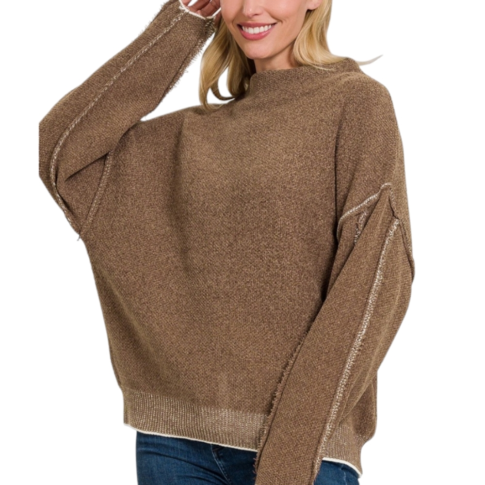 Women's Brown Oversized Chenille Raw Hem Sweater - Picture 1 of 5
